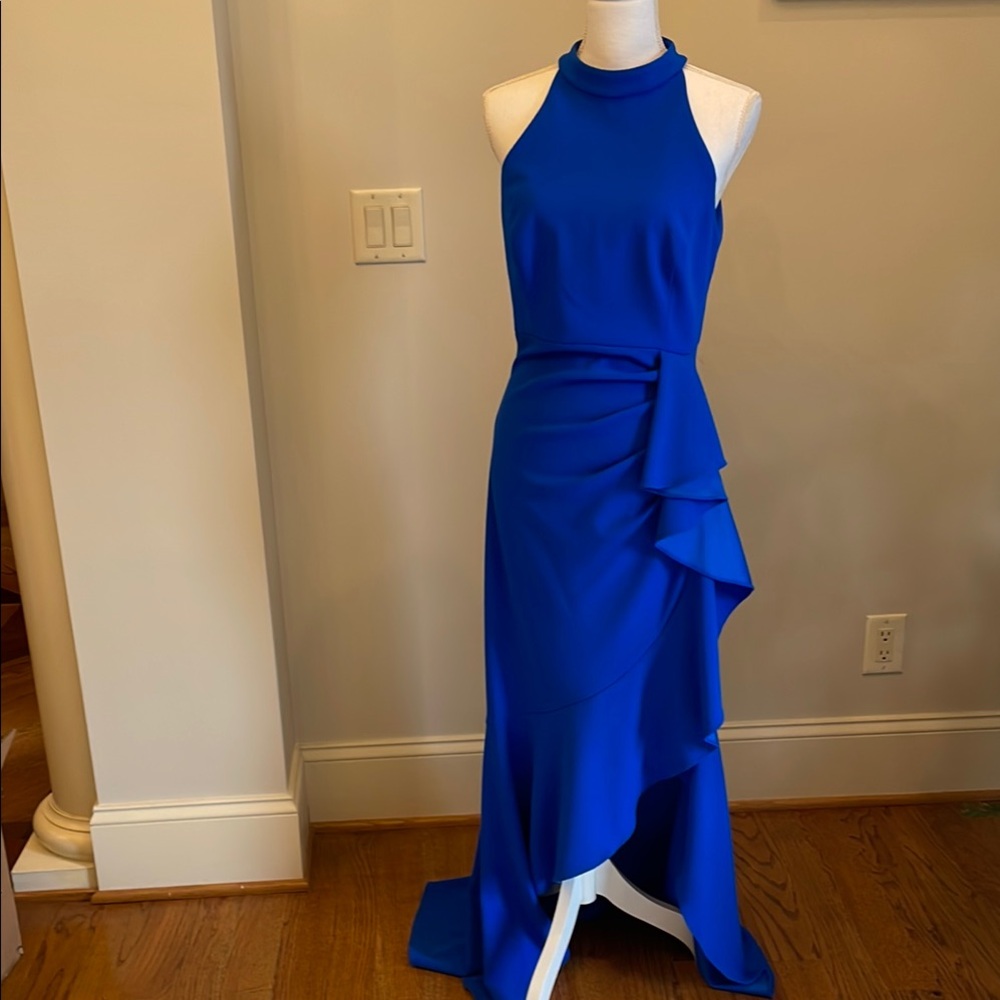 Betsy & Adam Halter Neck Ruffle Tier Scuba Crepe Blue Gown